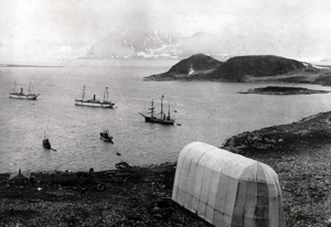 View from Virgohamna with Wellman's airship hangar in the foreground.